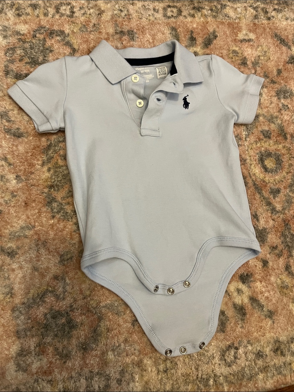 Ralph Lauren Baby Polo Bodysuit in Light Blue with Navy Logo 9M